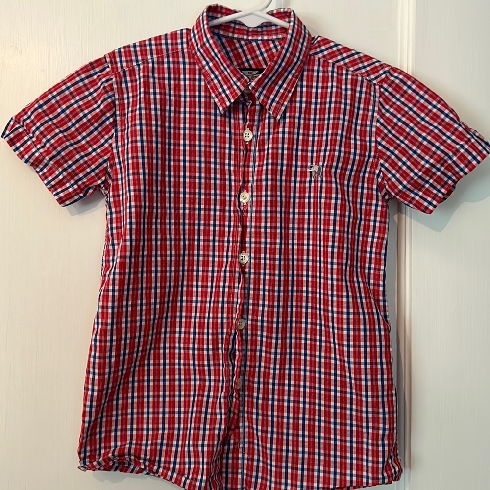 Little boys short sleeved red and blue striped button down